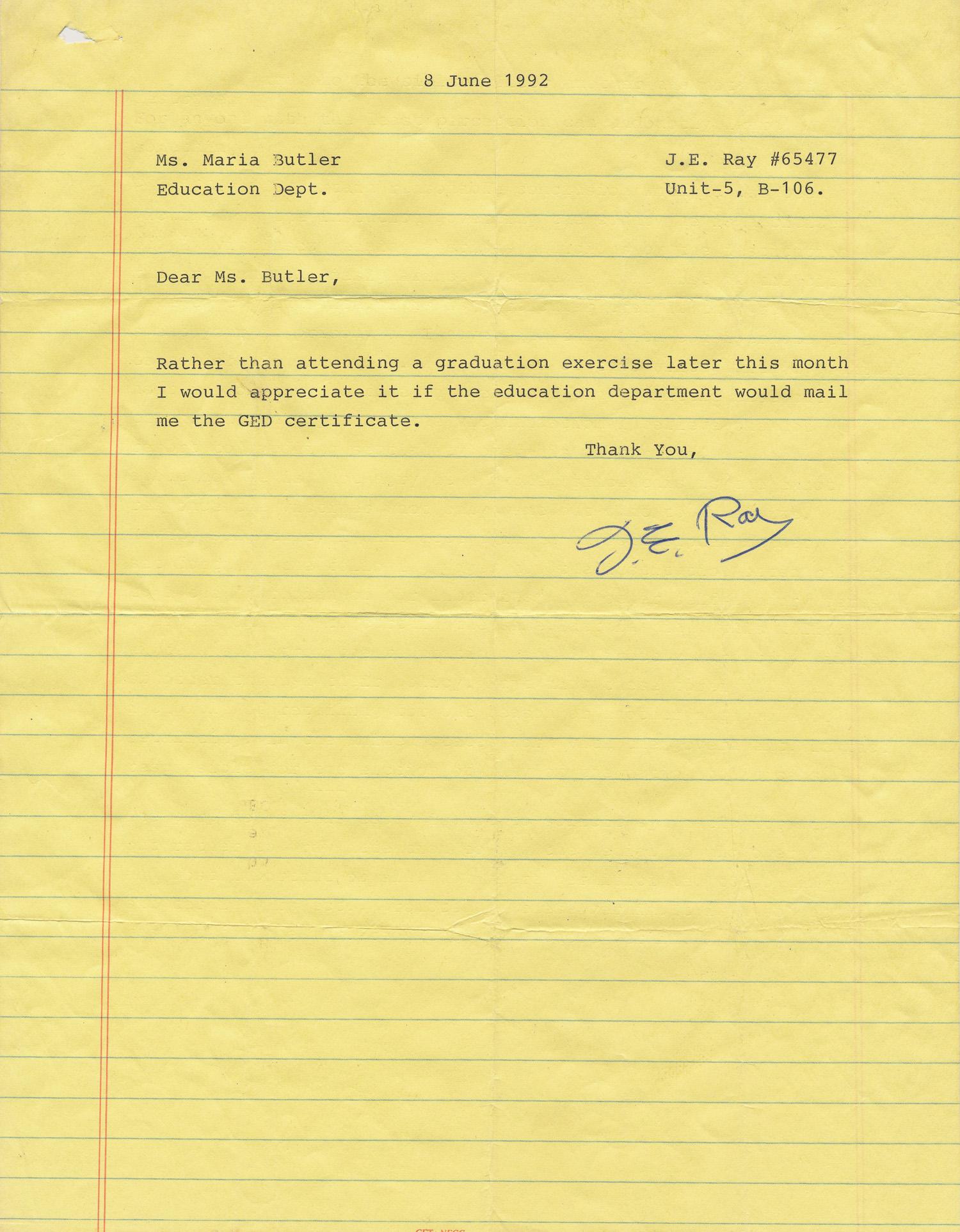JAMES EARL RAY: (1928 - 1998) Assassin of Martin Luther King whom he killed in Memphis in 1968. T.L.S. â€œJ. E. Ray” on yellow lined paper 1p. 4to. [Tennessee State Penitentiary Nashville TN] Dec. 3 1978 to
