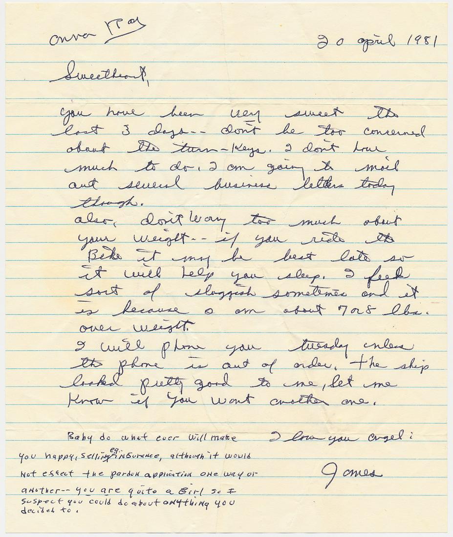 JAMES EARL RAY: (1928 - 1998) Assassin of Martin Luther King whom he killed in Memphis in 1968. A.L.S. â€œJames” on lined paper 1p. 4to. [Brushy Mountain State Prison] April 20 1981 to his wife Anna Sandhu 
