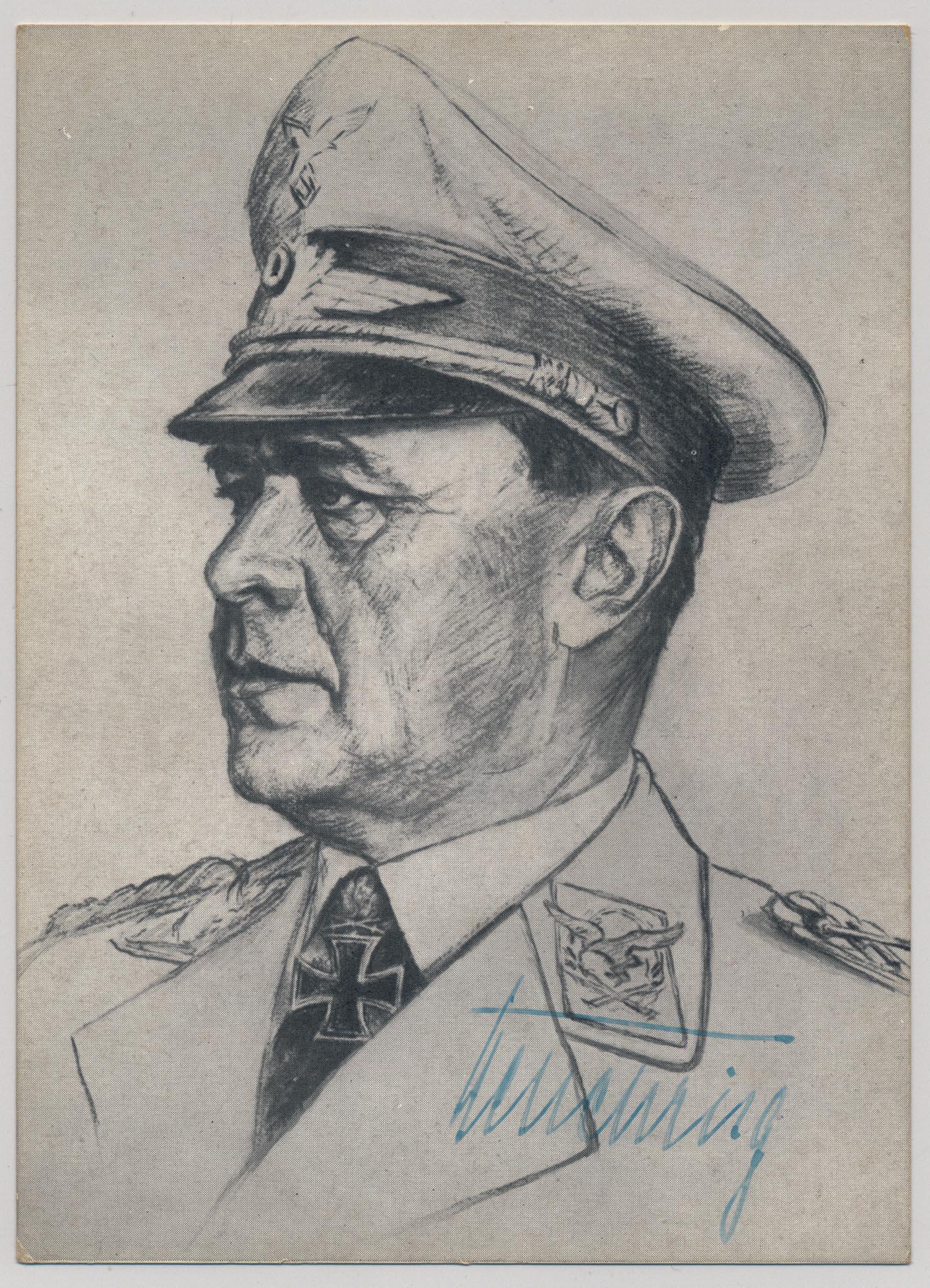 ALBERT KESSELRING: (1885 - 1960) Field Marshal in the Luftwaffe and at Nuremburg was tried for war crimes. Death sentence commuted due to ill health. S.P., 4.25 x 6 in. b/w, a print of an artist's portrait of the field 