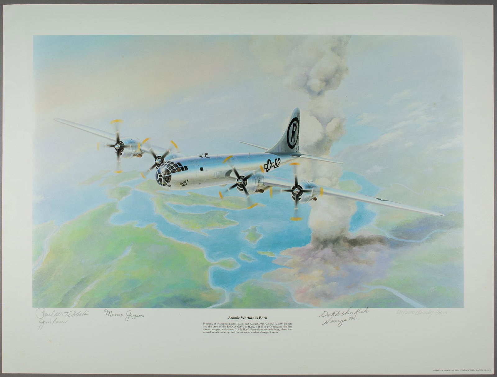 ENOLA GAY CREWMEMBERS: Excellent limited-edition signed print: 'Atomic Warfare is Born' by HARLEY COPIC, no. 580/2000, 23.75 x 18 in., showing the Enola Gay flying immediately after dropping the atomic bomb on Hiroshima, sh