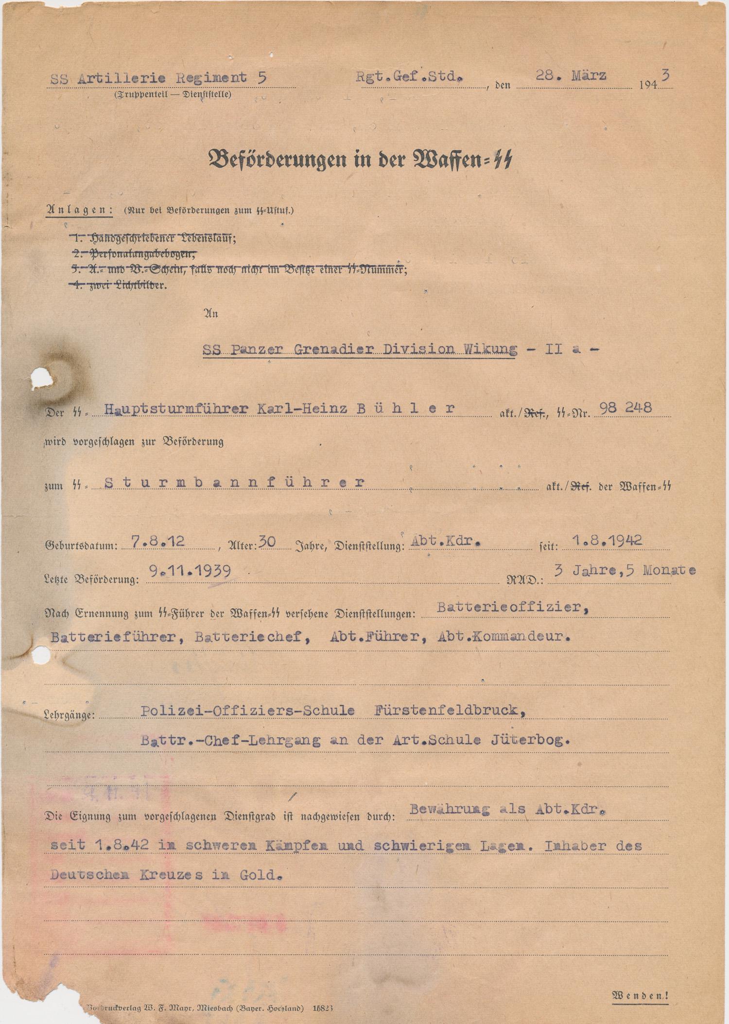 HERBERT-OTTO GILLE PROMOTES A FUTURE KNIGHTS CROSS: (1897 - 1966) Germany SS tank commander who headed the 'Viking' Division, made up of thousands of European volunteers, during the Russian campaign. War-date typed D.S. as head of the Viking Division, 
