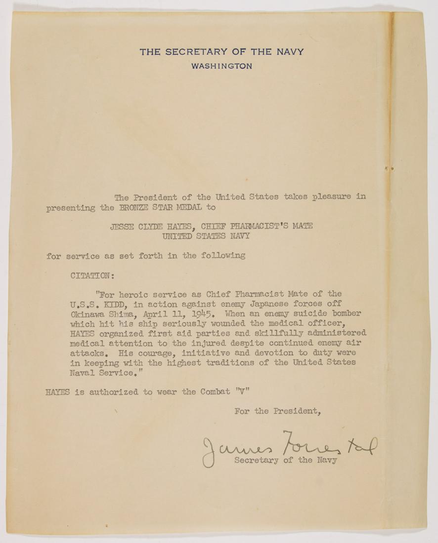 JAMES FORRESTAL: (1892 - 1949) American politician, Secretary of the Navy from 1944 to 1947. T.L.S. as Secretary of the Navy, 1p. 4to., Washington, [n.d.], presenting the Bronze Star Medal to Chief Pharmacist's Mate J