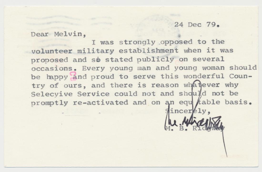 MATTHEW B. RIDGWAY: (1895 - 1994) American Army general who led airborne assaults on Sicily and commanded U.N. forces in the Korean War. Good content T.L.S. on the verso of a postcard, Pittsburgh, Dec. 24, 1979, in part: