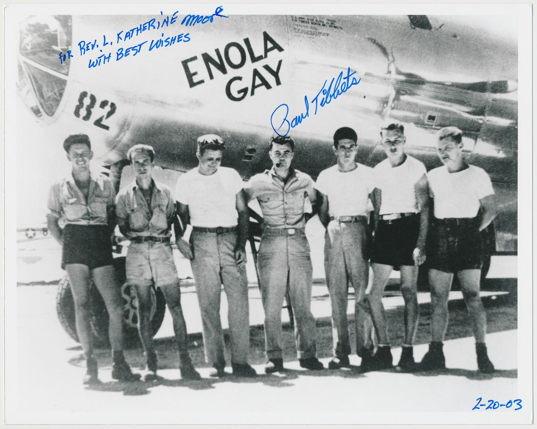 PAUL W. TIBBETS: (1915 - 2007) American bomber pilot of the Enola Gay which delivered the first atomic bomb on Hiroshima, August 6, 1945. Fine S.P., 8 x 10 in. semi-gloss b/w, a group photo of the crew of the Enola Ga