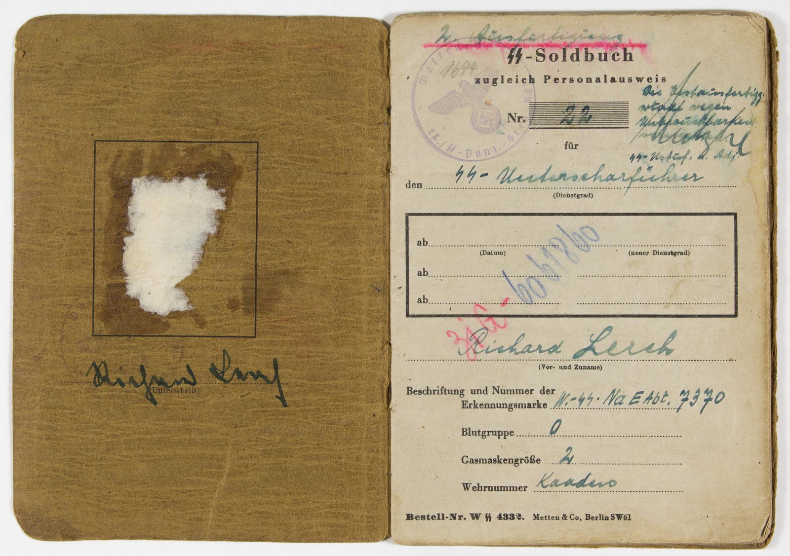 SOLDBUCH FROM SS-PANZER-GRENADIER: Second copy of an SS-Soldbuch issued to SS-Unterscharfuhrer Richard Lerch, including his vaccination history, recorded hospitalizations, inventory of provided clothing and equipment, his awards of the