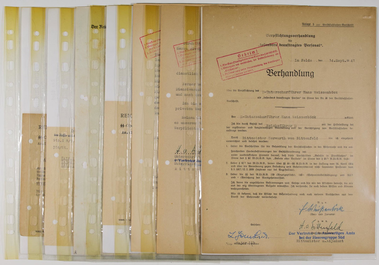 SS FILE OF UNTERSTURMFUHRER HANS WEISSENBOCK: Grouping of seven documents from the SS file of SS-Untersturmfuhrer Hans Weissenbock. Included is: his Apr. 16, 1941 promotion to SS-Obersturmfuhrer; Sep. 14, 1941 assignment as a 'person engaged for 