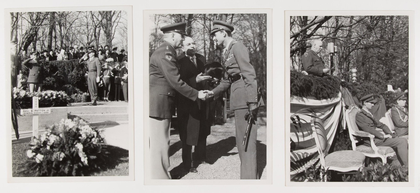 GEN. GEORGE S. PATTON CEMETERY PHOTOGRAPHS: Lot of three photographs, each 5 x 7 b/w, showing events at the burial place of Gen. George S. Patton in Luxembourg on March 14, 1948. The photos, one of which show Patton's grave, depict Lt. Gen. CLA