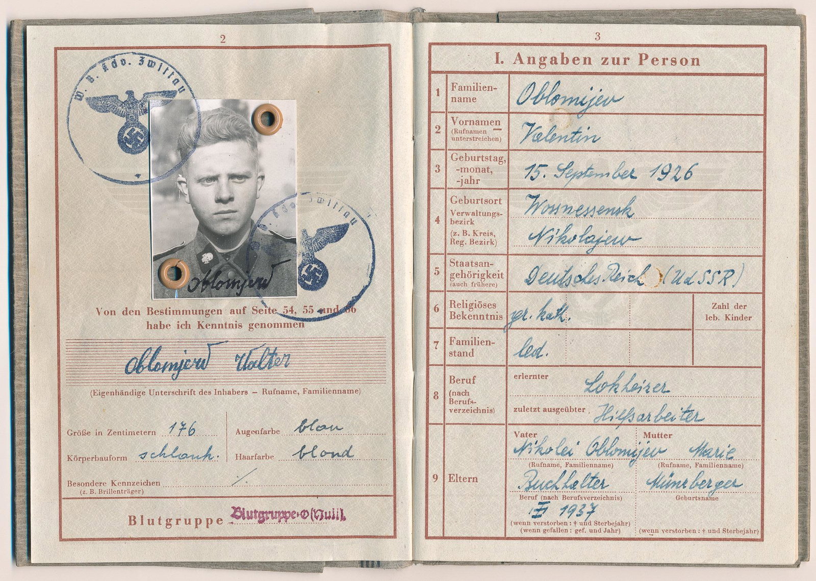 SS-WEHRPASS FROM AN AUSCHWITZ DOG-HANDLER: Extremely rare Wehrpass issued to SS-Sturmmann der Reserve Valentin 'Walker' Oblomijev, who was assigned as a dog handler at the Auschwitz-Birkenau concentration camp. Born in Wossnessensk, Russia on 