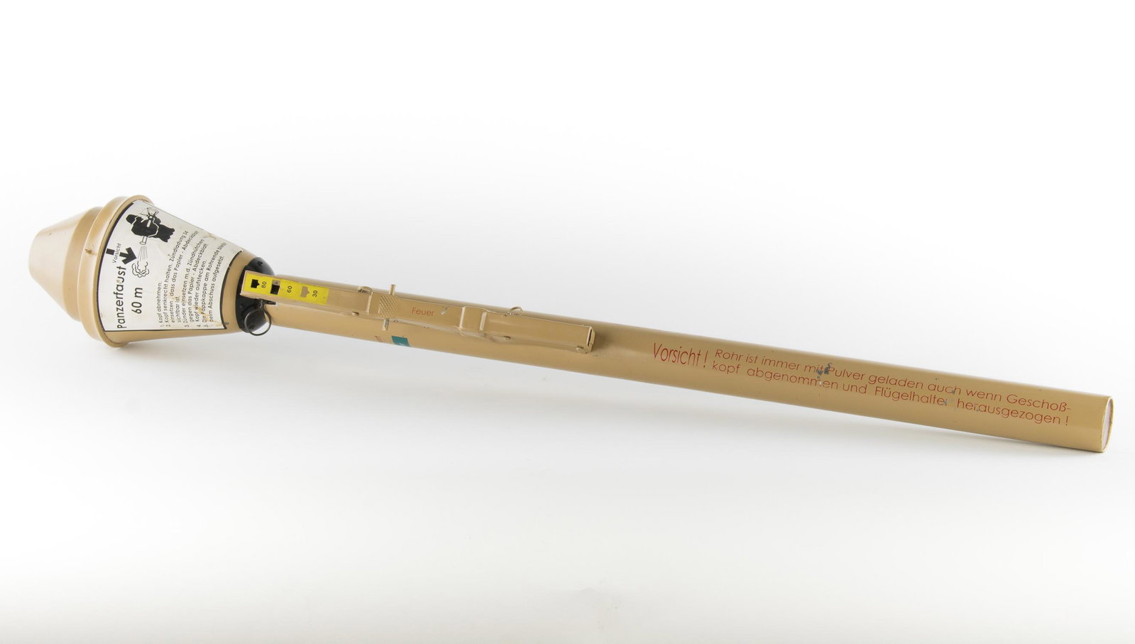 REPRODUCTION GERMAN PANZERFAUST: Reproduction German WWII 60m Panzerfaust, a single shot anti-tank weapon, 42 in. length x 6 in. diameter, painted warnings and operating label present, an interior metal shaft with folding spring out 