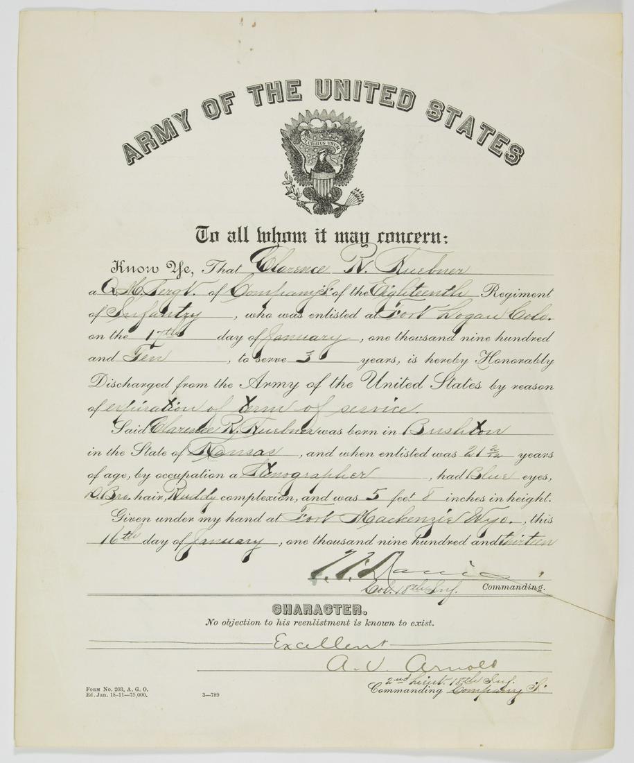 CLARENCE R. HUEBNER IS HONORABLY DISCHARGED AFTER FIRST: FROM THE ESTATE OF GEN. CLARENCE R. HUEBNER, COMMANDER OF THE 1ST INFANTRY DIVISION IN THE FIRST WAVE AT OMAHA BEACH Great partly-printed D.S, 2pp. 4to., Fort Mackenzie, Wyoming, Jan. 16, 1913, declar