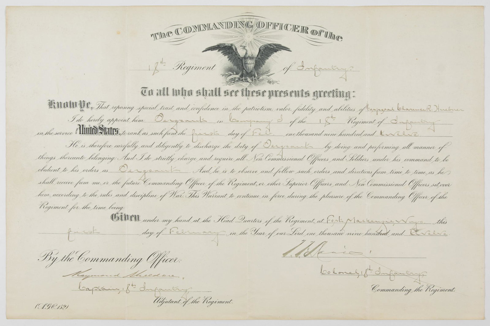 CLARENCE R. HUEBNER IS PROMOTED TO SERGEANT DURING HIS: FROM THE ESTATE OF GEN. CLARENCE R. HUEBNER, COMMANDER OF THE 1ST INFANTRY DIVISION IN THE FIRST WAVE AT OMAHA BEACH Great partly-printed D.S. from the first term of Huebner's military service, 1p. ob