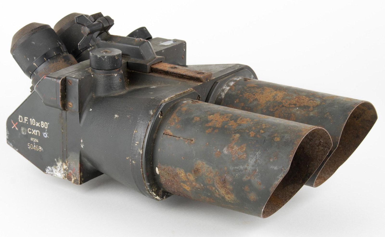 GERMAN FLAK BINOCULARS: Rare pair of German 10x80 flak binoculars, approx. 13.25 x 9 in., bearing the manufacturing label: 'D.F. 10 x 80...cxn...67234...50468'. The lenses and one adjustment knobs still rotate easily, though