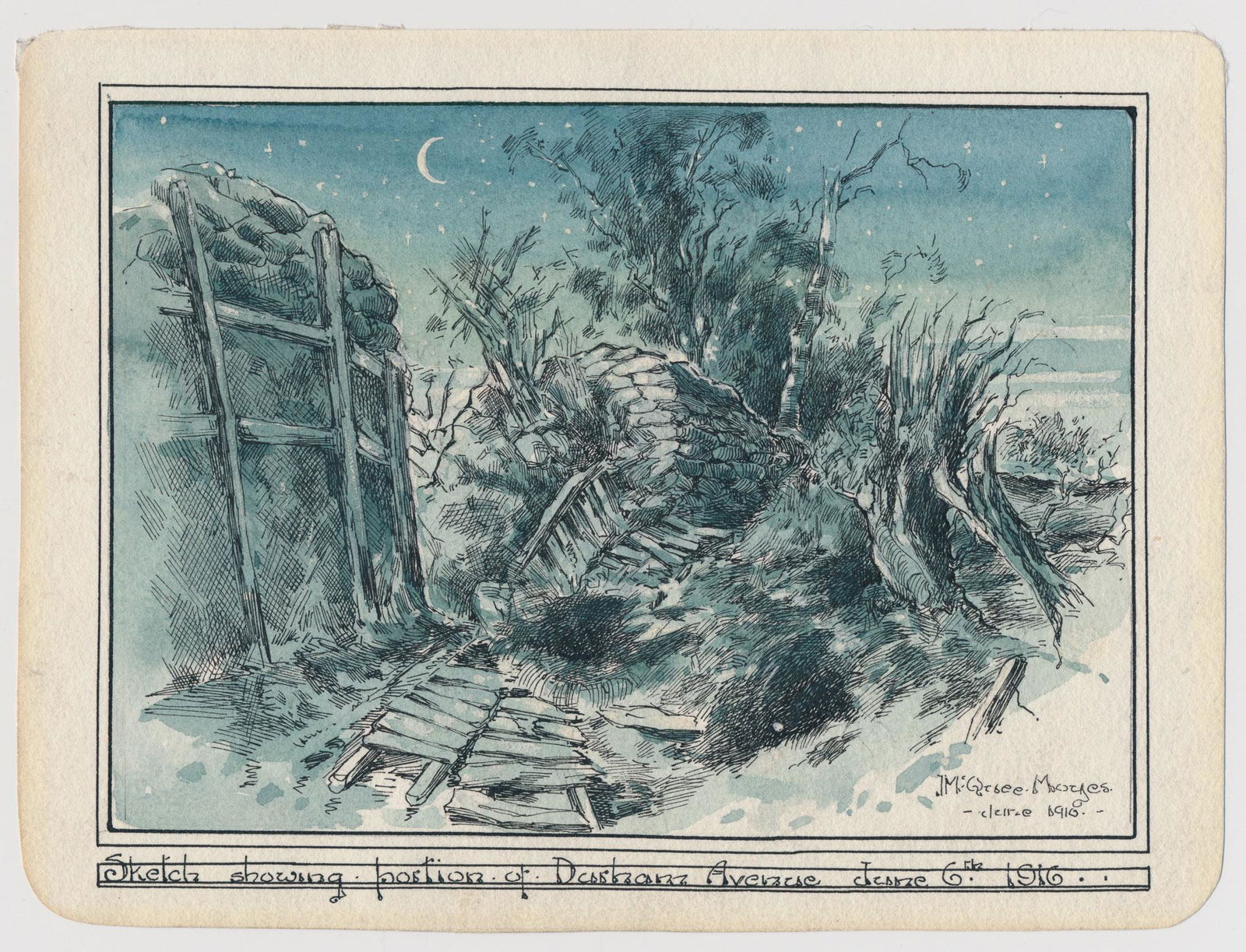 1916 WATERCOLOR PAINTING, 13TH CANADIAN SHELL-STRUCK: 1916 WATERCOLOR PAINTING, 13TH CANADIAN SHELL-STRUCK TRENCHExcellent original ink and watercolor battle scene executed and signed by Canadian artist Lt. JOHN MCQUEEN MOYES (1888-1948) while serving wi