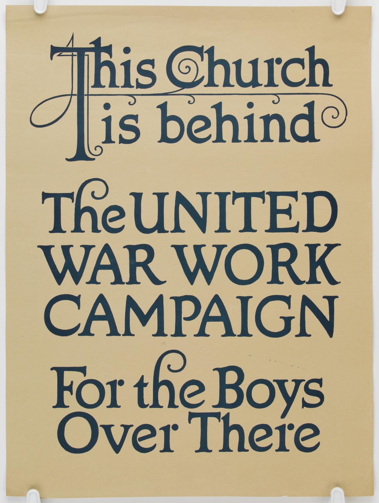 WORLD WAR I PROPAGANDA POSTERS (3): Lot of three World War I propaganda posters, two from the U.S. Food Administration and one from the United War Work campaign. Includes: Black-and-white poster, 18.5 x 15.5 in., titled 'SUGAR MEANS SHI