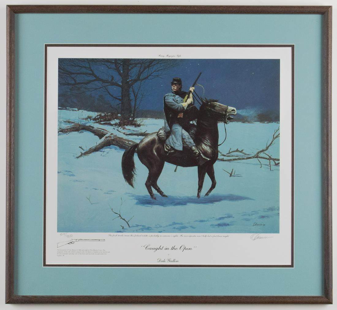 'CAUGHT IN THE OPEN' BY DALE GALLON: Great limited-edition print celebrating the Henry Magazine Rifle: 'Caught in the Open' by DALE GALLON, 19.25 x 16.5 in. (sight), no. 515/950, showing a Union sentry on the run from Confederate forces,
