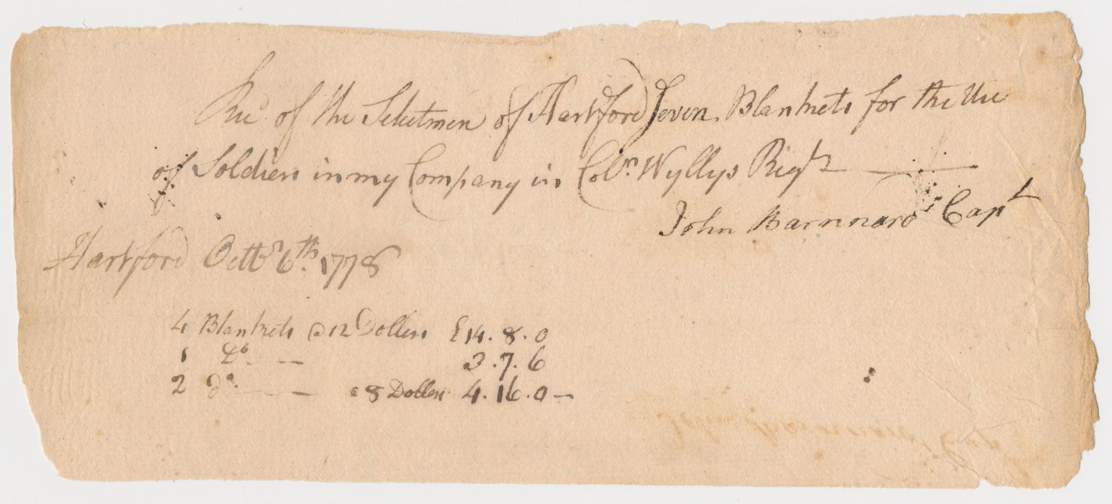 REVOLUTIONARY WAR RECEIPT FOR BLANKETS: War-date manuscript D.S., 1p. 8 x 5 in., Hartford, Oct. 6, 1778, a receipt for seven blankets for the use of men in his company, signed by recipient Capt. John Barnard serving in 'Col'n Wyllys Regt'.