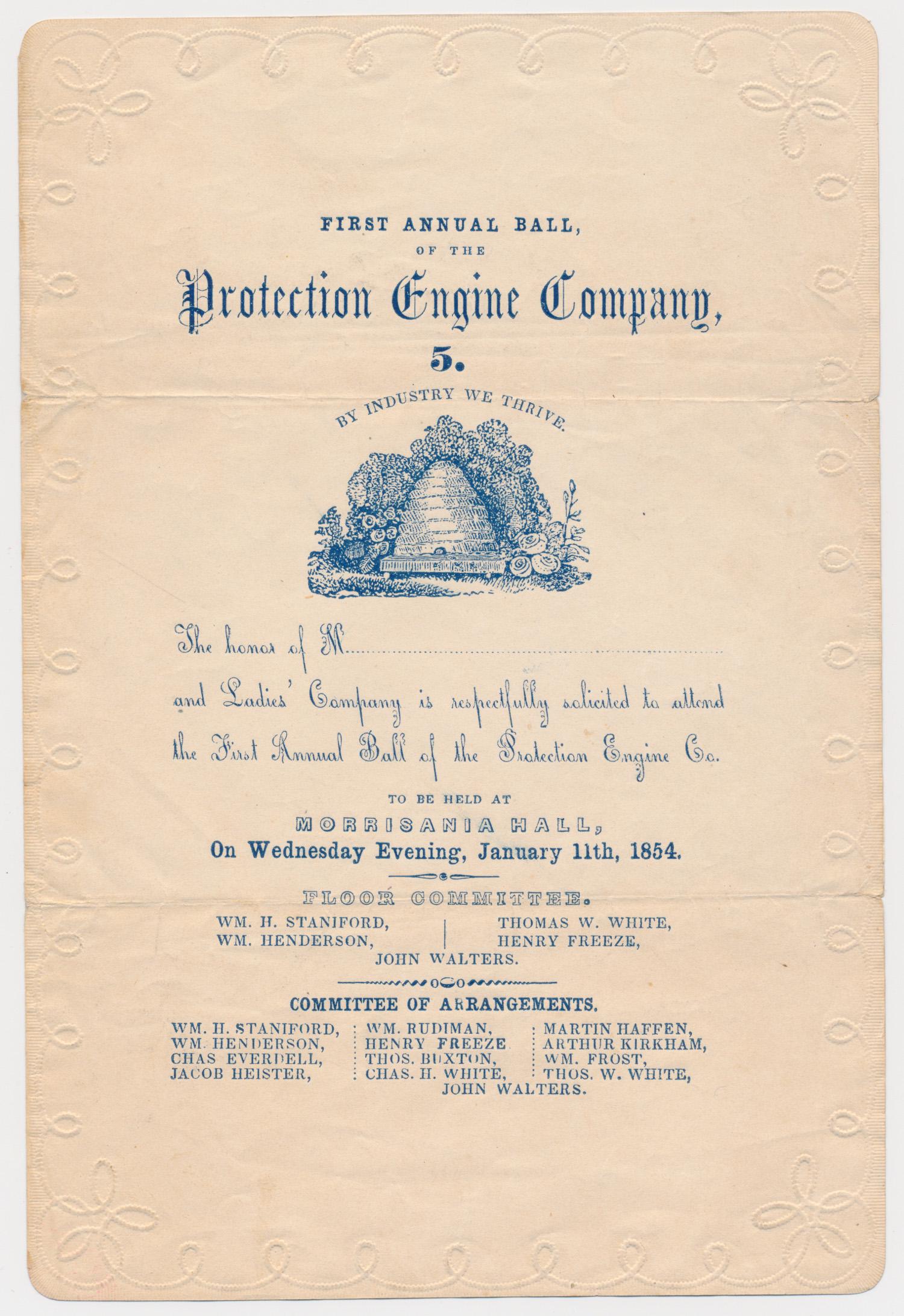 (FIREFIGHTING) 1854 INVITATION TO ANNUAL BALL, BRONX: (FIREFIGHTING) 1854 INVITATION TO ANNUAL BALL, BRONX PROTECTION ENGINE CO. #5A great piece of early firefighting ephemera, an invitation to attend the 'First Annual Ball of the Protection Engine Compa