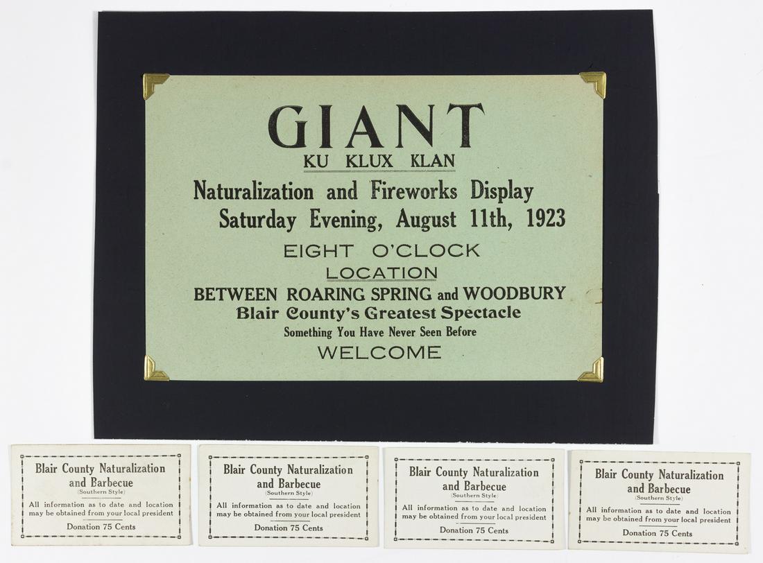 1923 KU KLUX KLAN FIREWORKS SHOW BROADSIDE AND TICKETS: Superb broadside, 9 x 6 in., Aug. 11, 1923, [Altoona, PA], advertising: 'GIANT KU KLUX KLAN Naturalization and Firework Display. Blair County's Greatest Spectacle...Something You Have Never Seen Befor