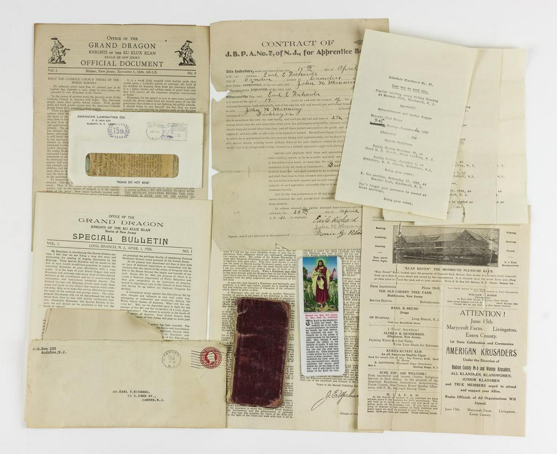NEW JERSEY KU KLUX KLAN EPHEMERA: Good lot of seven pieces of ephemera related to Ku Klux Klan activities in New Jersey, circa 1926. Includes: a printed newsletter, 4pp. 4to., Long Branch, New Jersey, April 1, 1926, the first number o