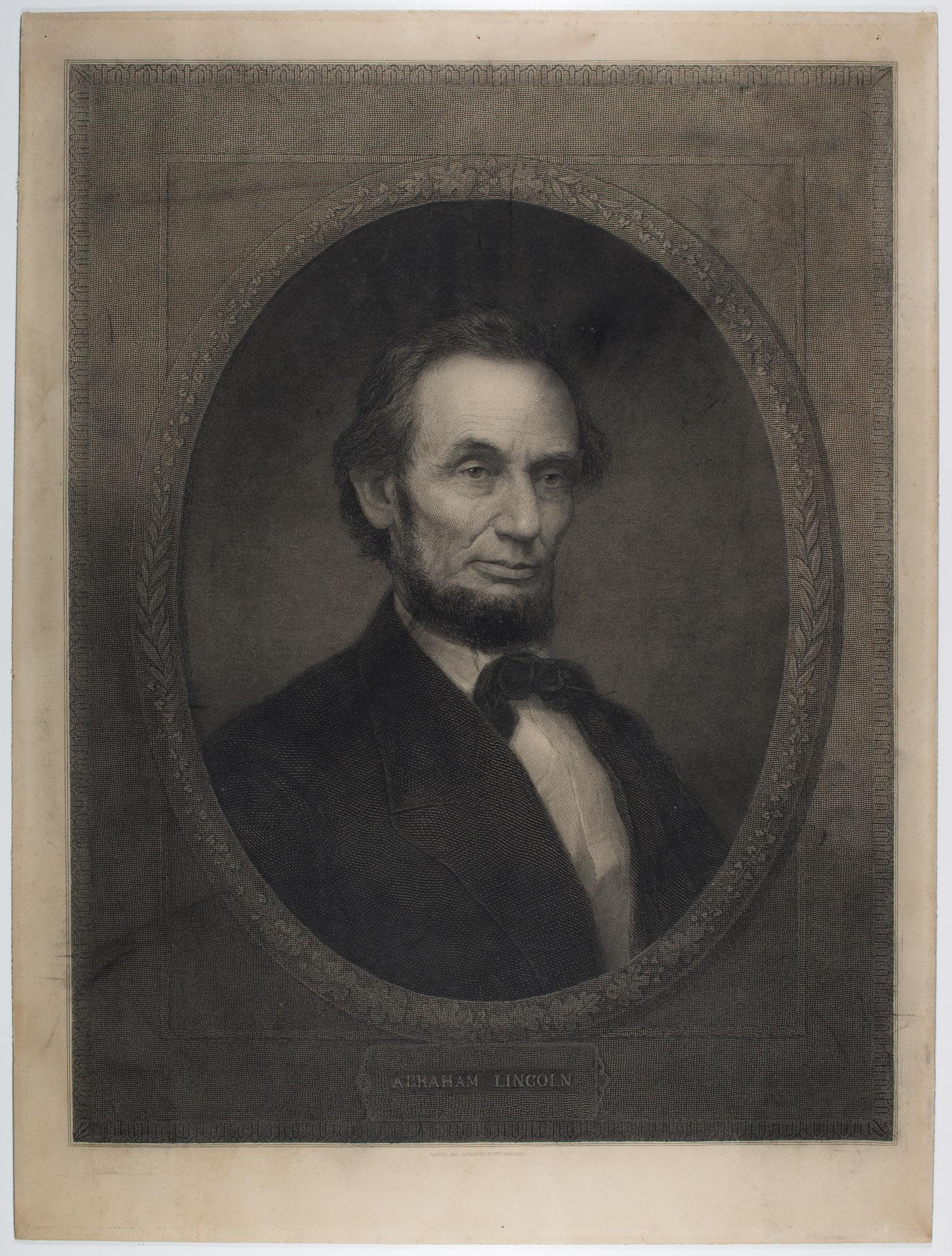 'ABRAHAM LINCOLN' ENGRAVING BY WILLIAM MARSHALL: Beautiful steel plate engraving of Abraham Lincoln's portrait by William E. Marshall, ca. 1866. Image size: 16 x 20.75 in. Total size: 24 x 29.75 in., though previously folded towards the margins as a