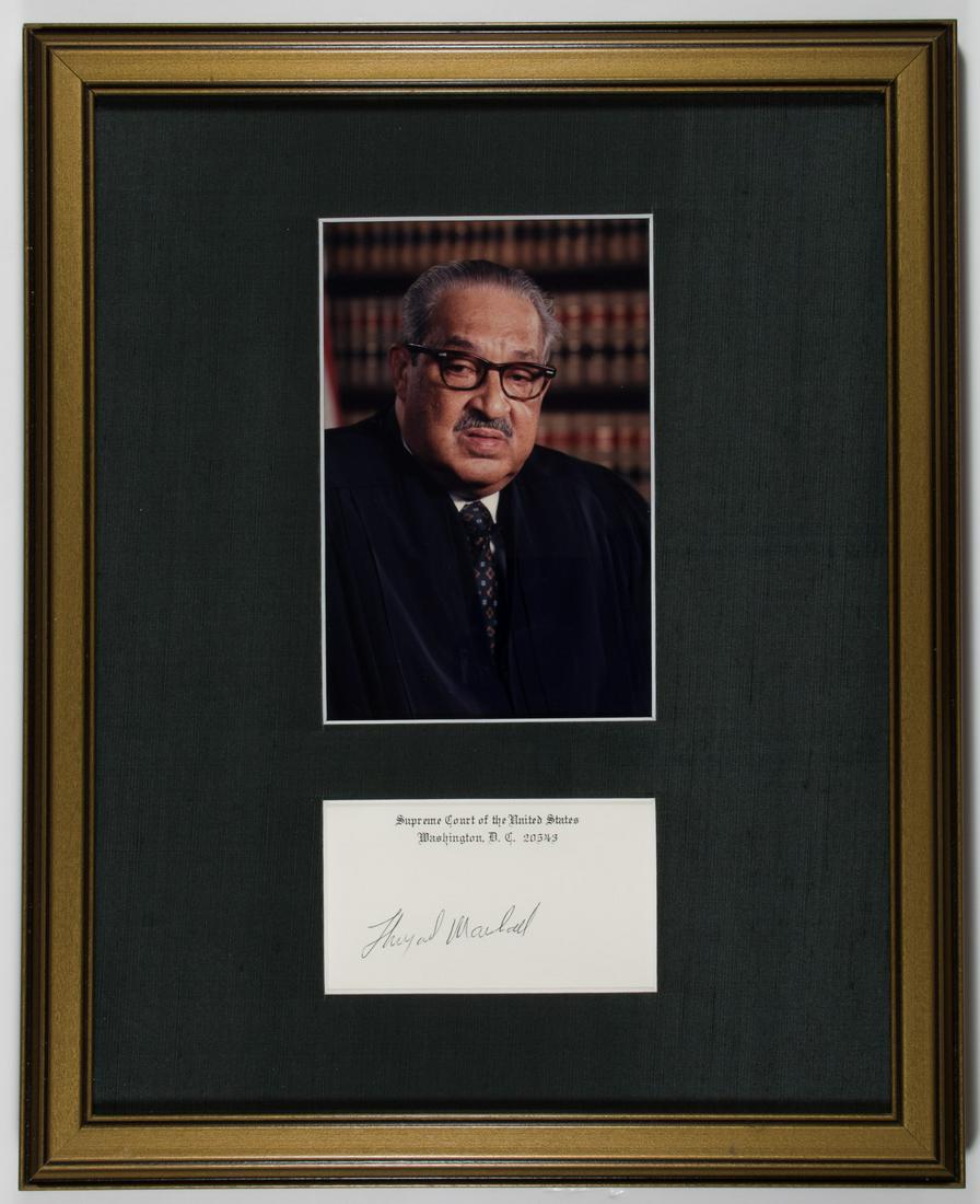 THURGOOD MARSHALL: (1916 - 1993) Supreme Court Justice and civil rights litigator who argued Brown v. Board of Education in 1954. Fine full signature as associate Justice on a Supreme Court card. Fine condition, matted