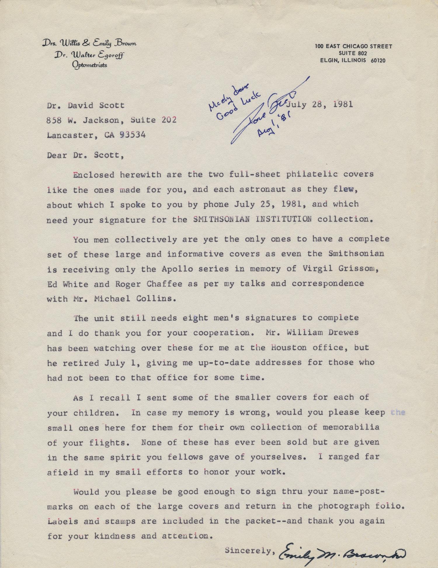 DAVID SCOTT: (b. 1932) American astronaut, the seventh person to walk on the moon and the first person to drive the Lunar Rover there. His blue ink signature on an unusual letter addressed to him from an Illinois