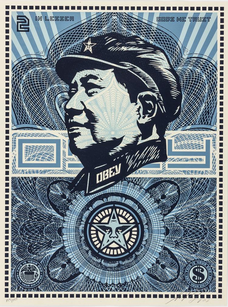 SHEPARD FAIREY: (b. 1970) American contemporary street artist, graphic designer, activist and illustrator, best known for his 'Andre the Giant Has a Posse' (...OBEY...) sticker campaign, and for his iconic 'Hope' pos