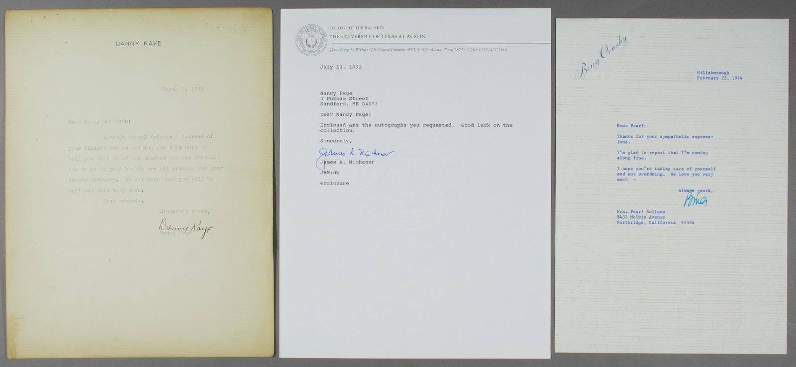 AUTOGRAPH MISCELLANY (3): Good lot of three T.L.S.s bearing notable signatures, including BING CROSBY, DANNY KAYE, and American author JAMES A. MICHENER. Very good.