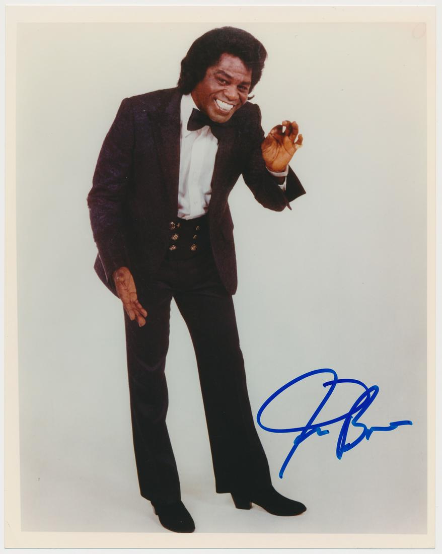 JAMES BROWN: (1928 - 2006) American singer, 'The Godfather of Soul', known for a number of hits including 'I Feel Good' and 'Papa's Got a Brand New Bag'. S.P., 8 x 1 0 in. glossy color, a full-body portrait image