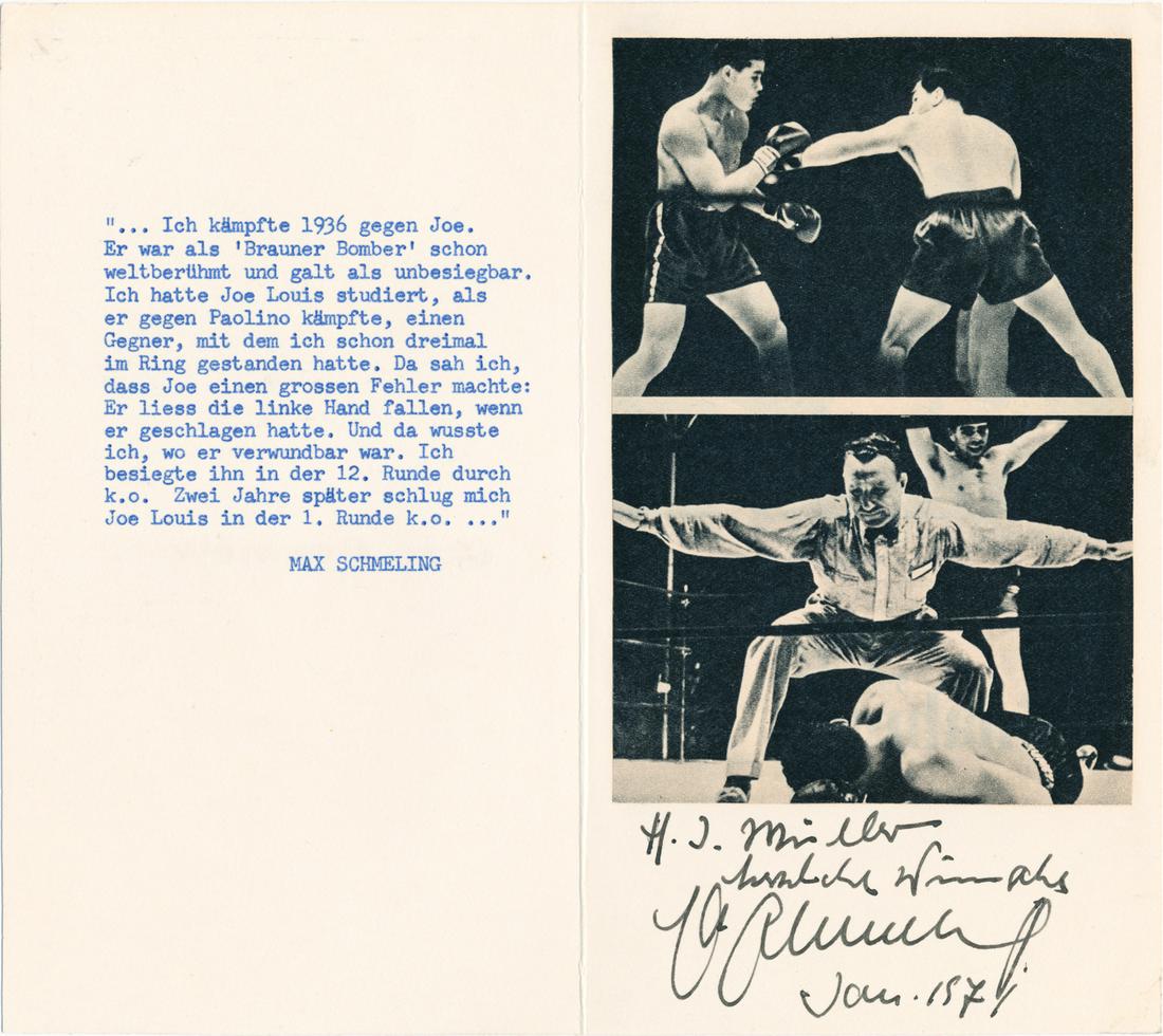 MAX SCHMELING: (1916 - 2005) German boxer and heavyweight champion who won the title from, and was later defeated by Joe Louis. He served as an elite paratrooper for the Germans in World War II and was wounded in th