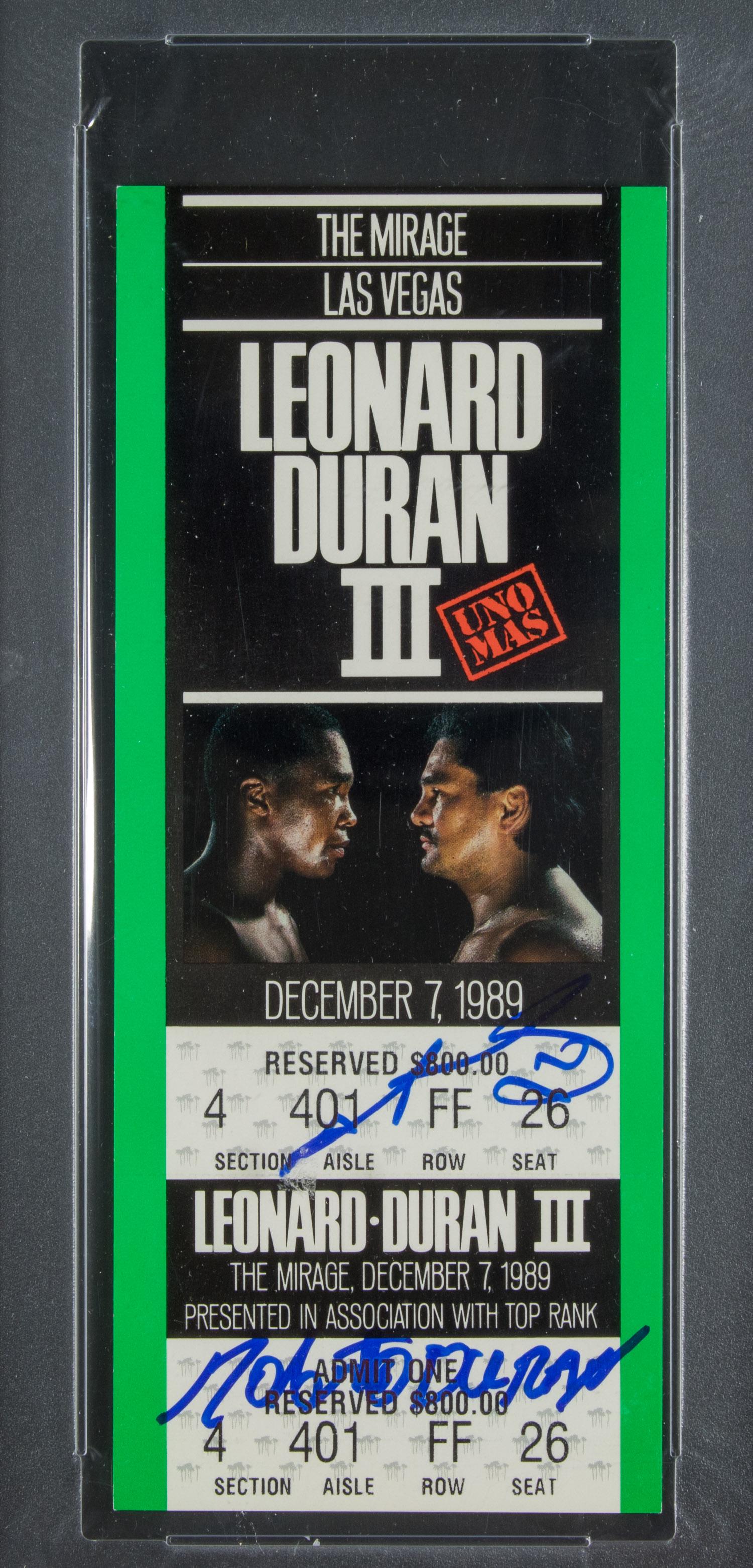 SUGAR RAY LEONARD AND ROBERTO DURAN: Stiff cardstock ticket, 3.75 X 8 in. admitting the bearer to the third boxing match between SUGAR RAY LEONARD (b. 1956) and ROBERTO DURAN (b. 1951), held on Dec. 7, 1989, at the Mirage resort and casi