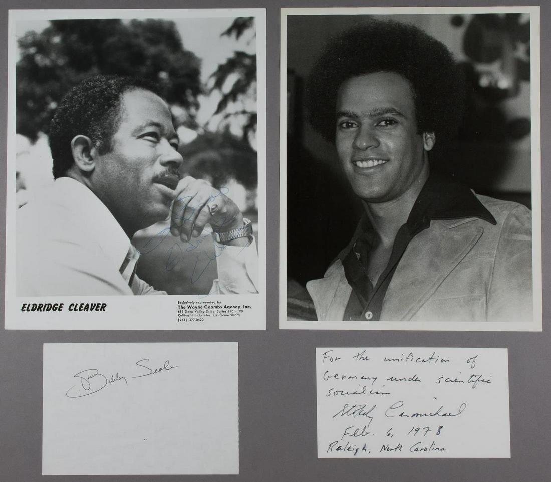 BLACK PANTHER PARTY FOUNDERS (4): Excellent lot of four items signed by the most prominent leaders of the Black Panther party of the 1960's, includes: HUEY P. NEWTON (1942-1989), especially rare S.P., 8 x 10 in. b/w, a chest, up pose 