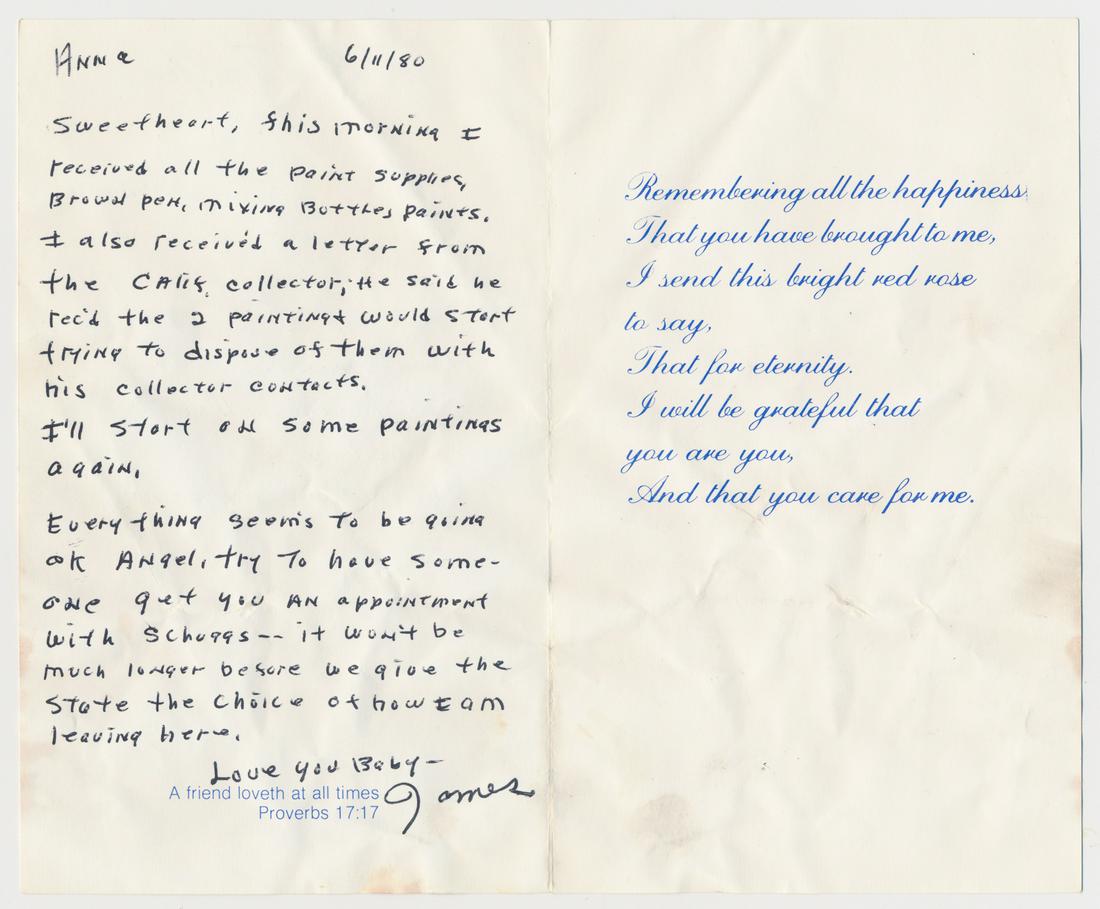 JAMES EARL RAY: (1928 - 1998) Assassin of Martin Luther King whom he killed in Memphis in 1968. A.N.S. 'James', 3pp. 8vo., [Tennessee State Penitentiary, Nashville, TN], June 11, 1980, a card to his wife and courtroo
