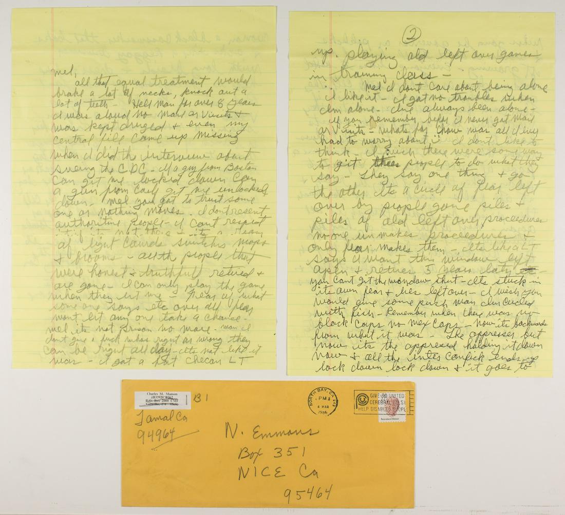 CHARLES MANSON: (1934 - 2017) Drifter whose 'family' committed the infamous Tate-LaBianca murders in 1969. Great prison content A.L.S. 'Easy Manson' with swastika, 4pp. sm. folio, Tamal, CA, March 4, 1986, to his bio