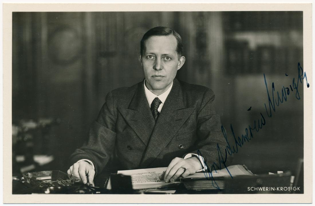 LUTZ GRAF SCHWERIN VON KROSIGH: (1887 - 1977) German senior government official, Minister of Finance 1932-45, de facto Chancellor of Germany in May 1945. Probable war-date S.P., 3.5 x 5.5 in. b/w, a chest, up Hoffmann portrait signe