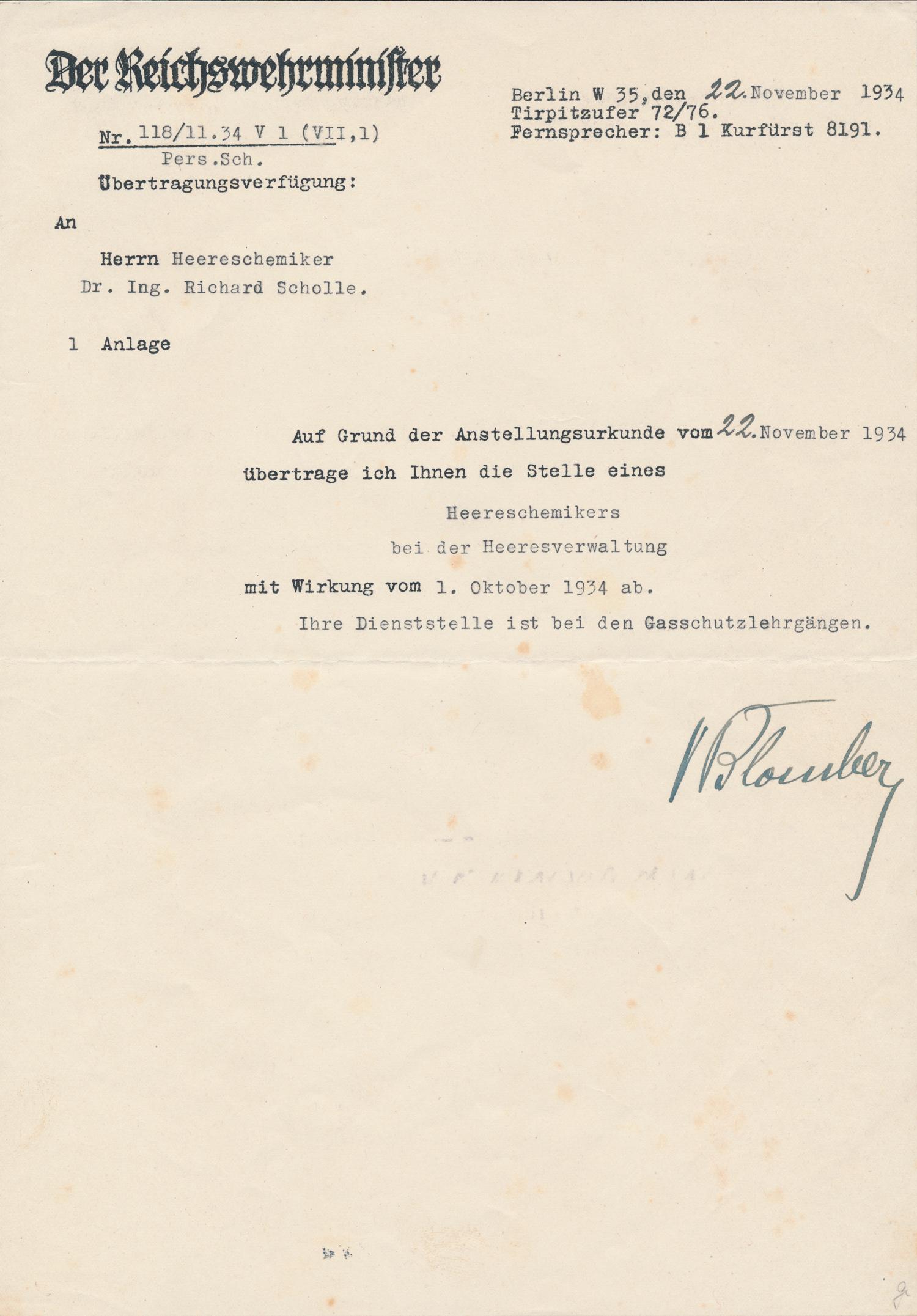 WERNER VON BLOMBERG: (1887 - 1946) Minister of Defense and Supreme Commander of the German Armies early in Hitler's regime, resigned following accusations that he had married a prostitute. Partly-printed D.S. on his 'Der