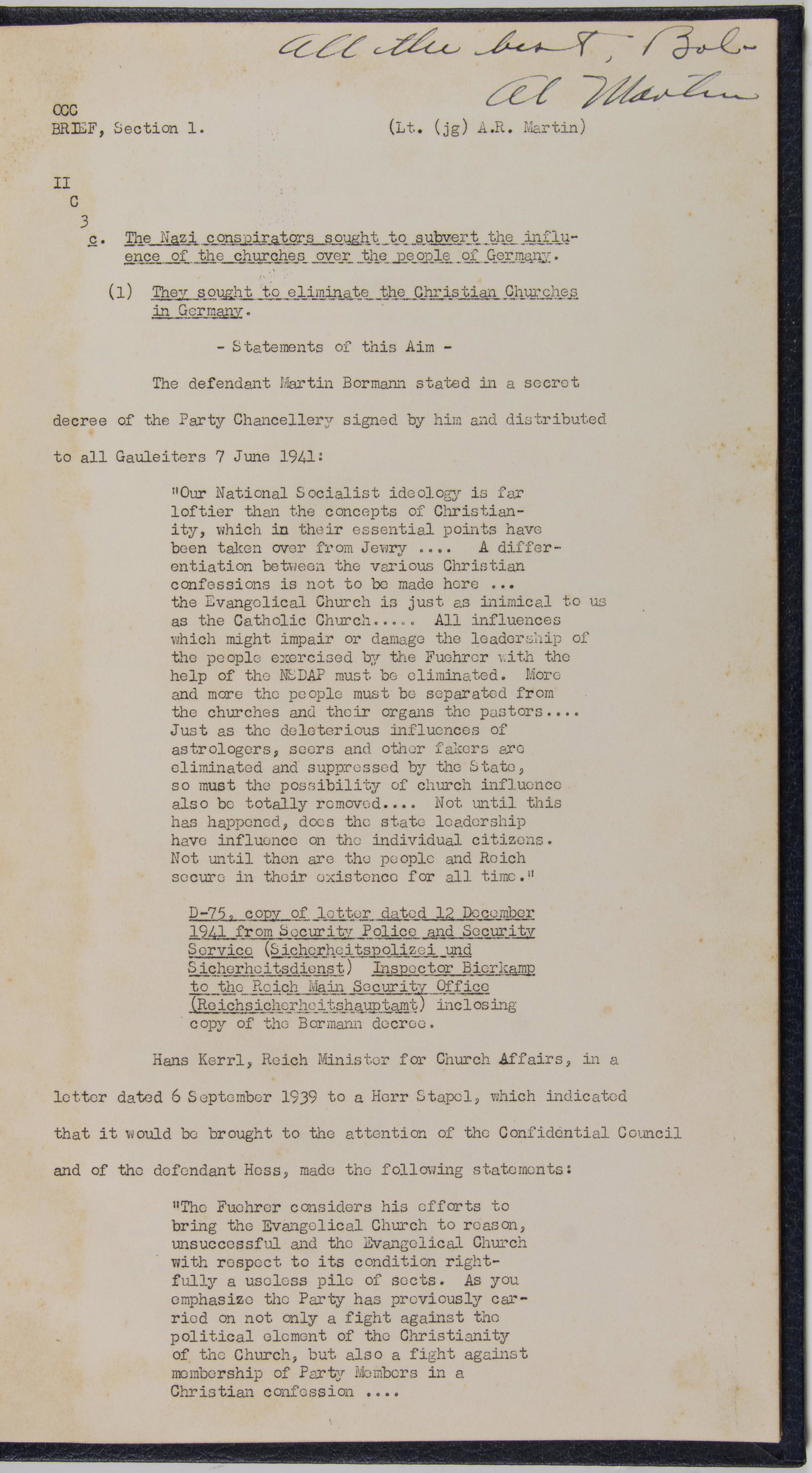 PRESENTATION NUREMBERG PROSECUTORS' TRIAL BRIEFS (6): Historically important grouping of six contemporary bound trial briefs prepared by key American prosecutors and given during the Nuremberg Trials to Major ROBERT G. STEPHENS, JR. (1913-2003). Stephens