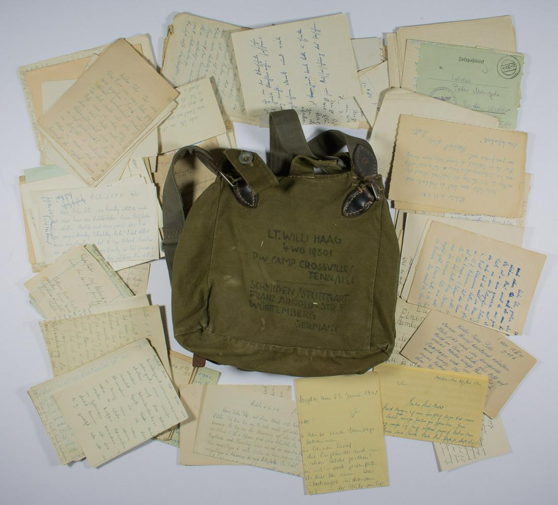 GERMAN P.O.W. CORRESPONDENCE: Grouping of more than 50 war-date letters sent from family members to German prisoner Hans Peter Mangels, apparently captured prior to America's entry into the war but eventually imprisoned at Camp Cr