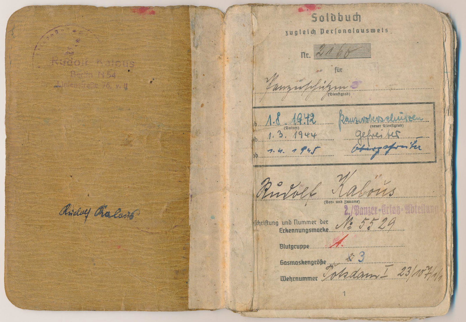 GROSSDEUTCHLAND DIVISION SOLDBUCH OF A PANZER: Rare partly-printed D.S., 24pp. 8vo., a 'soldbuch' issued to Panzer Obergefreiter Rudolf Kalous on Dec. 12, 1941. The document lists his service number as '2160' and states that he was attached to the