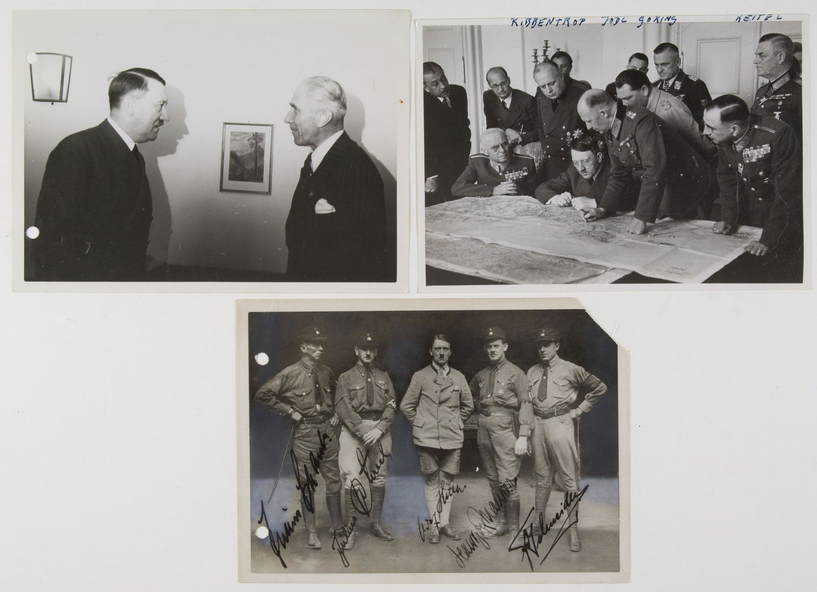 BANNED HOFFMANN PHOTOGRAPHS OF ADOLF HITLER (3): Lot of three press photographs of Adolf Hitler, each 5 x 7 in. b/w, all credited to the studio of Heinrich Hoffmann. Two images have been stamped 'GESPERRT' ('BLOCKED') on the verso, meaning it was no