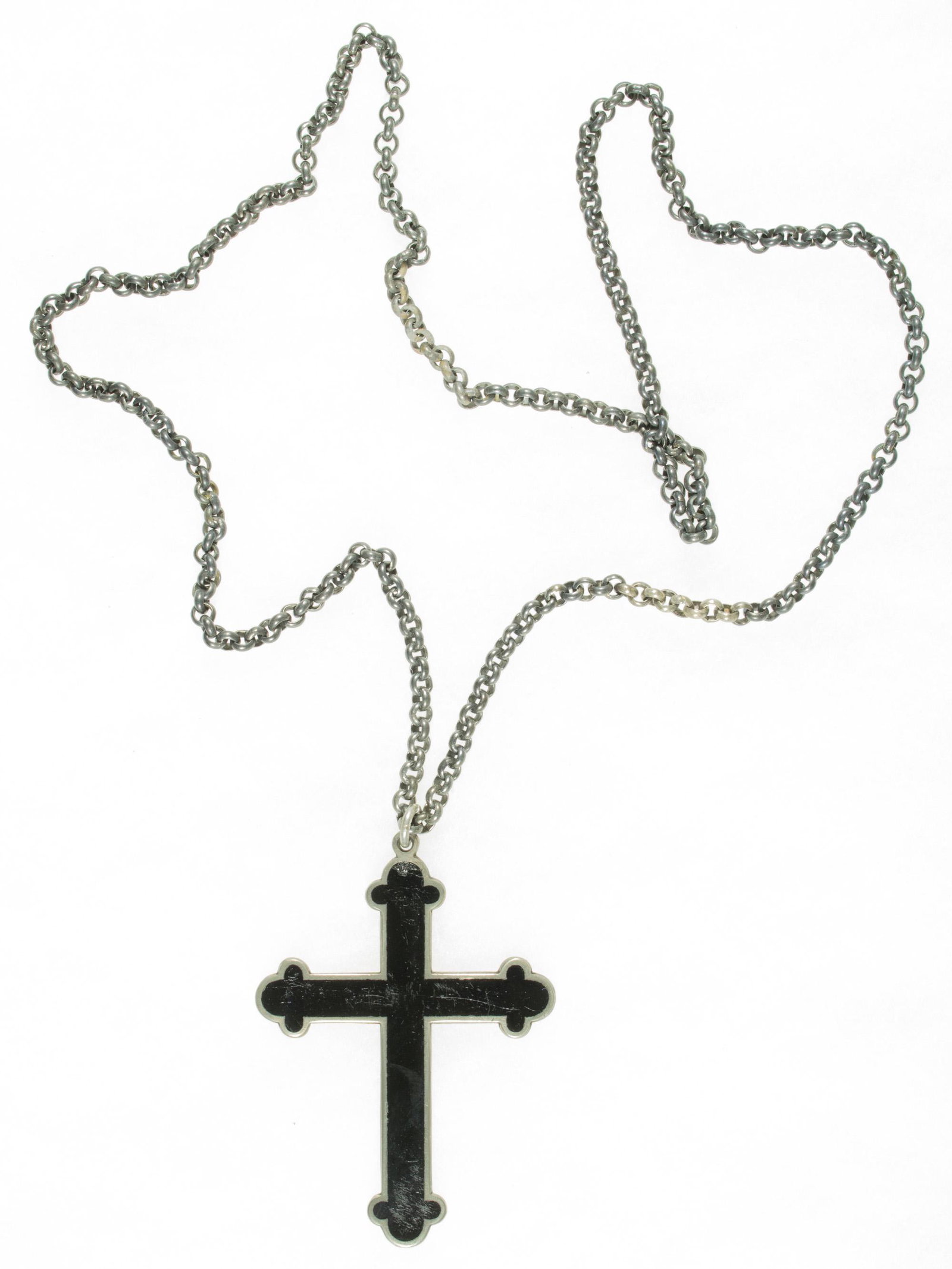 WEHRMACHT PROTESTANT CHAPLAIN'S CROSS: Wehrmacht Protestant Chaplains Cross, 3.5 x 2.5 in. silver with black enamel inlay (unmarked), with 24 inch silver one-piece chain. These crosses were the only ones approved for use by Wehrmacht Prote