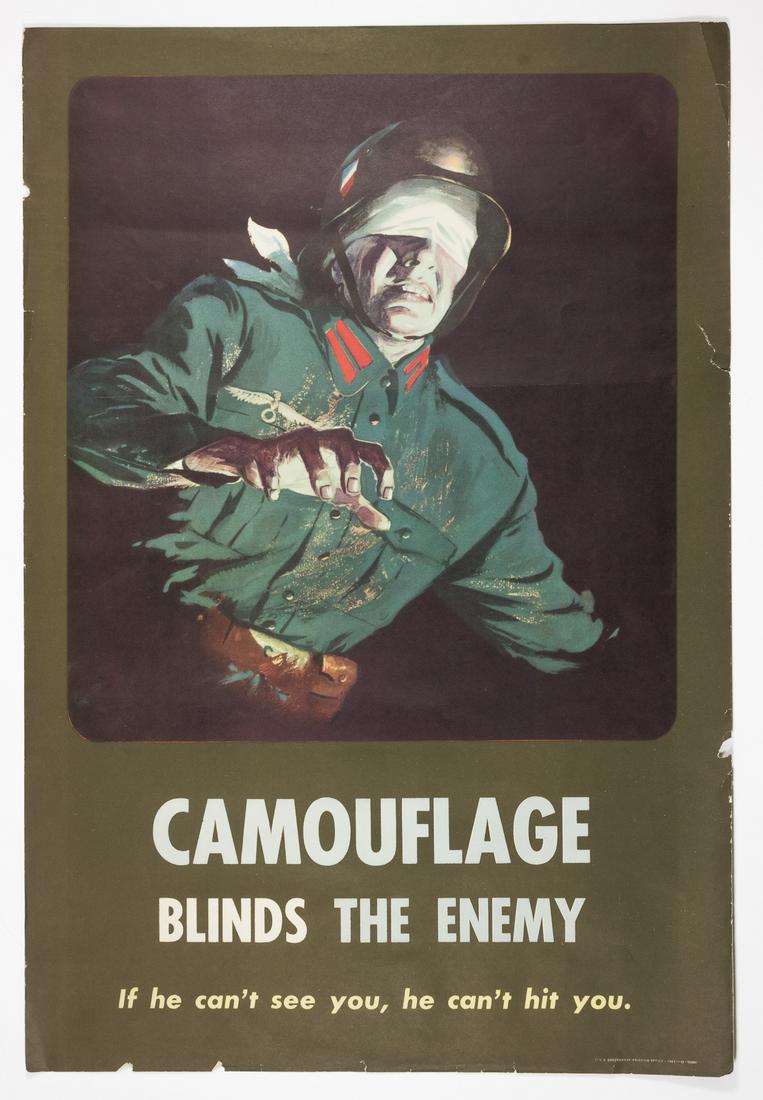 CAMOUFLAGE BLINDS THE ENEMY' AND OTHER POSTERS (9): Fine group of nine World War II color educational posters, each 13 1 3/4 x 17 in. and each released under an educational campaign entitled 'Camouflage Blinds the Enemy', intended to educate American s