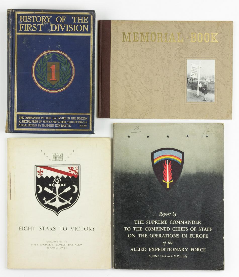 GEN. CLARENCE R. HUEBNER'S MILITARY AND MEMORIAL BOOK: FROM THE ESTATE OF GEN. CLARENCE R. HUEBNER, COMMANDER OF THE 1ST INFANTRY DIVISION IN THE FIRST WAVE AT OMAHA BEACH Excellent lot of four books owned by Huebner, includes: 'History of the First Divis