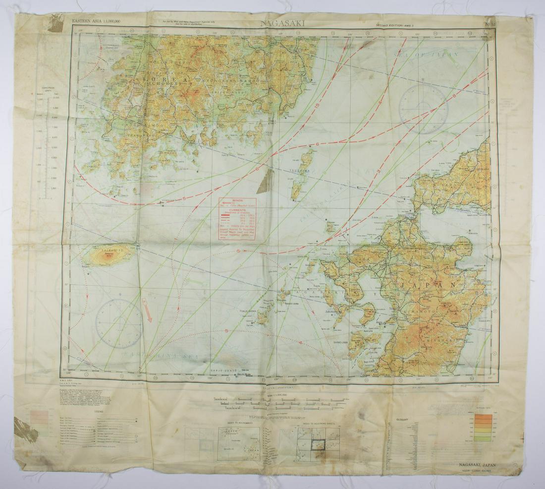 AMERICAN PILOT'S 'NAGASAKI' EMERGENCY MAP: Rayon map issued to American pilots for use in emergencies, 26 x 24 in., depicts the Japanese city of Nagasaki at center, along with southern Korea and Tsushima and including topographical details, ra
