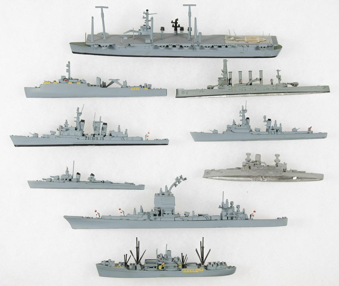 AMERICAN WARSHIP MODELS (9): Lot of nine miniature ship models of World War II-date American warships, the longest one measuring 7 in., includes: 'USS Pueblo', with an unidentified maker's mark; 'USS Charles F. Adams', with maker