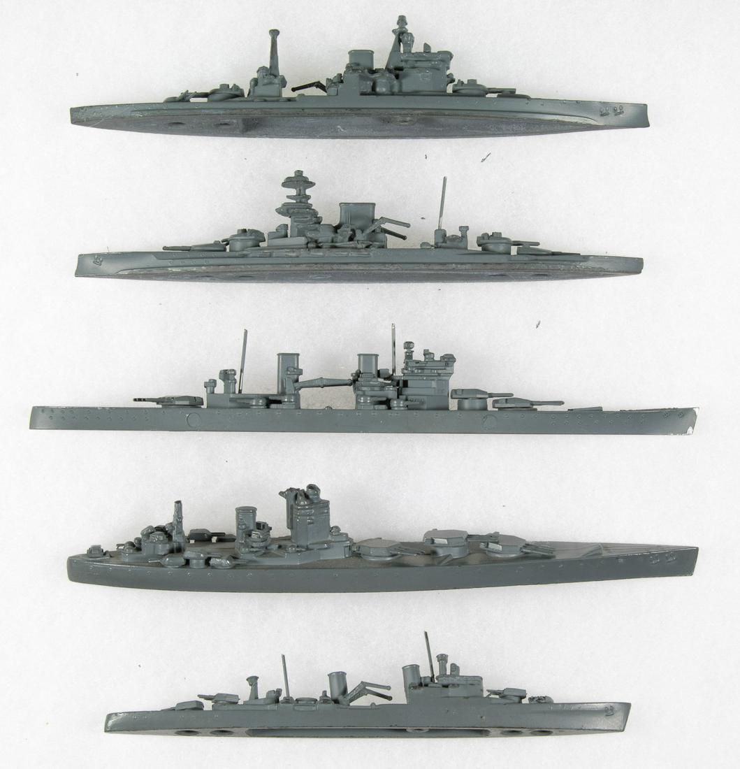 BRITISH WARSHIP MODELS (5): Lot of five miniature ship models of World War II-date British warships, all roughly 7 in. long, each bearing the maker's mark of H.A. Framburg from Chicago on the base. Includes: 'HMS Malaya', 'HMS K