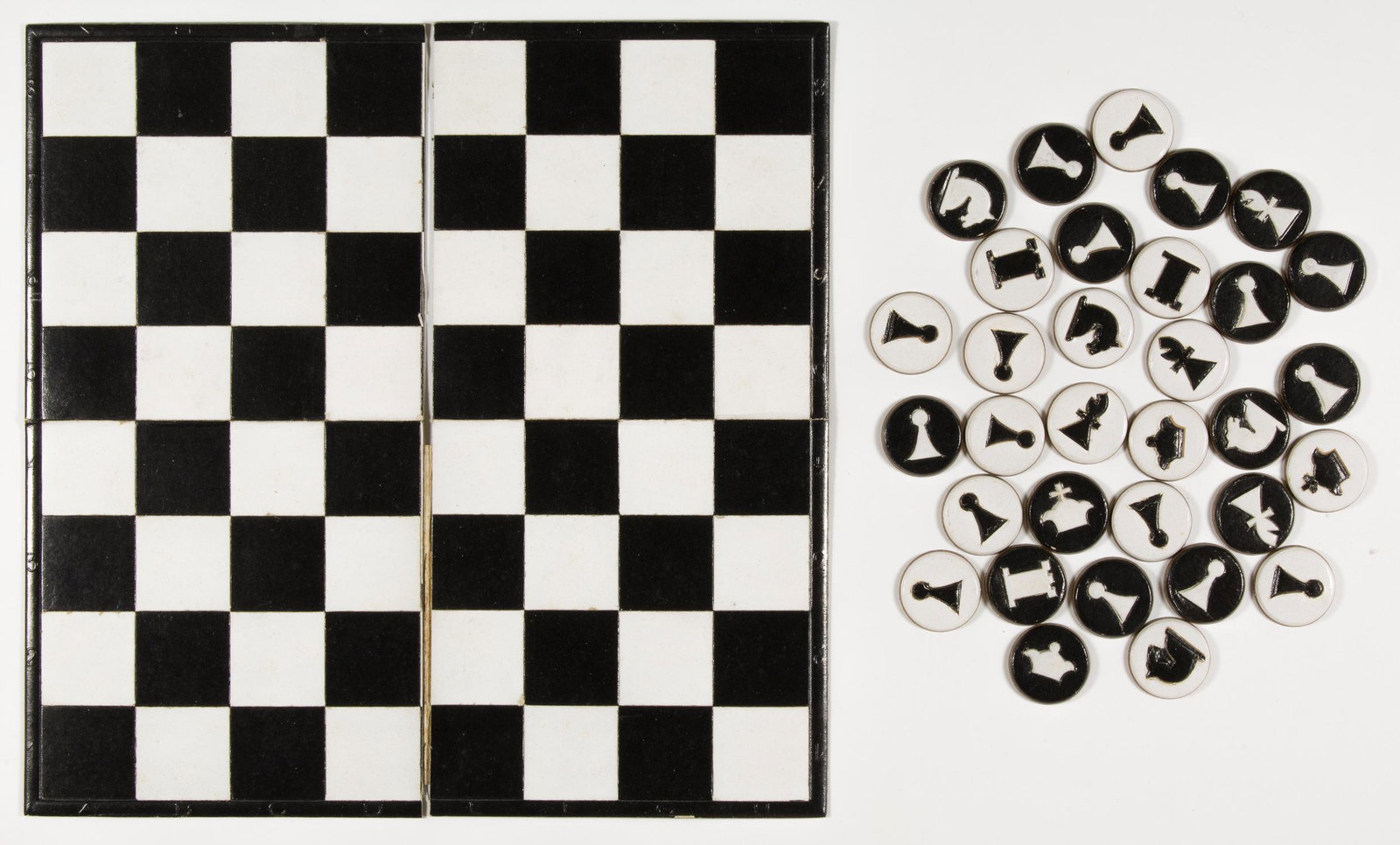 PORTABLE CHESS SET, SENT TO WEHRMACHT OBERZAHLMEISTER: Portable war-date cardboard chess set, 9 in. square (unfolded) with cardboard discs representing the chess pieces, folded into a 5 x 5 x 1 in. cardboard box. The box's lid bears a mailing sticker, add