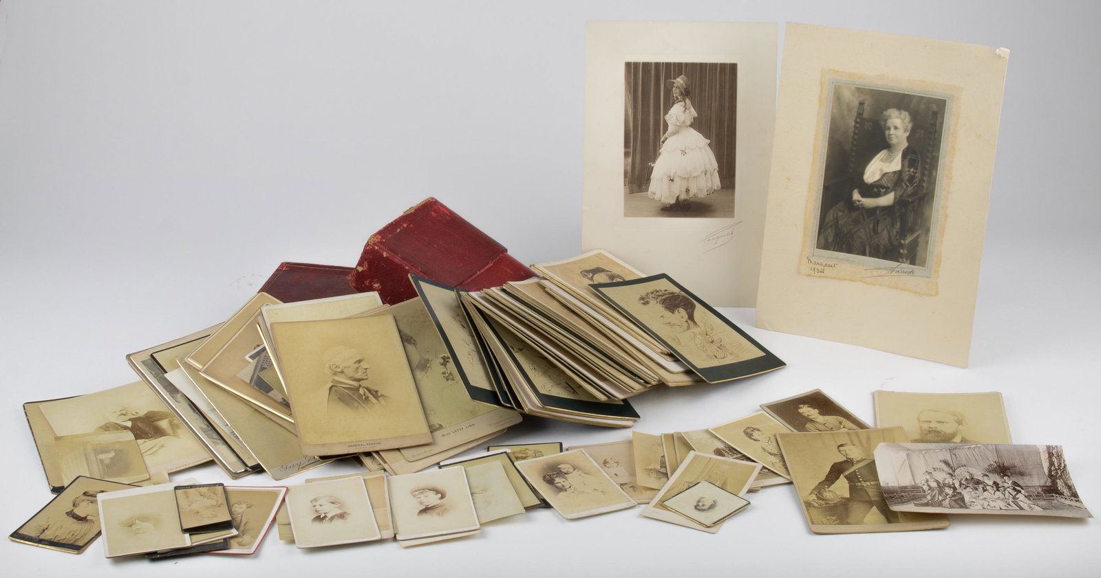 ANTIQUE CABINET CARD GROUPING: Collection of 80-85 cabinet cards and antique photographs, most presumed English or French origin, ca. 1700s-1800s. Some are caricatures of British soldiers, though most are portrait or group photogra