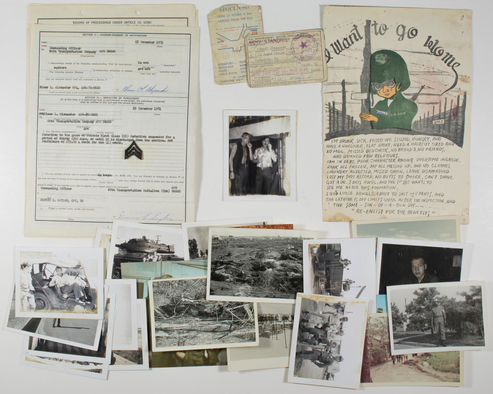 'STONED' AMERICAN SOLDIER DEMOTED FOR MARIJUANA USE: Comedic Vietnam War grouping from American soldier Elmer L. Alexander, Specialist Fourth Class within the 60th Transportation Company, punished by the army for wrongful possession and use of marijuana