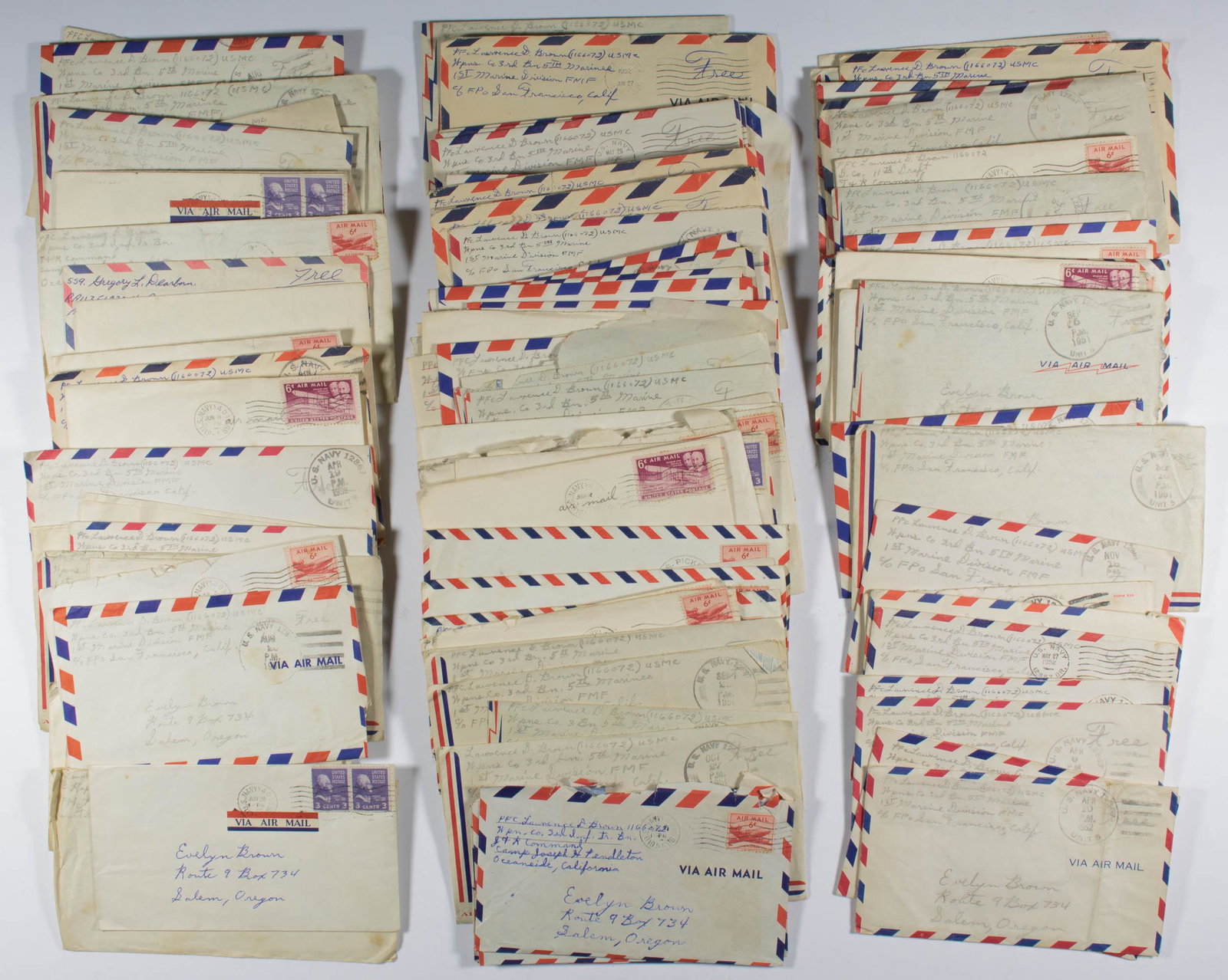 LETTER ARCHIVE OF KOREAN WAR MARINE, LAWRENCE D. BROWN: Expansive grouping of nearly 100 letters sent by Korean War soldier, Private First Class Lawrence D. Brown, Weapons Company, Third Battalion, Fifth Marine Regiment, mostly addressed to his mother from